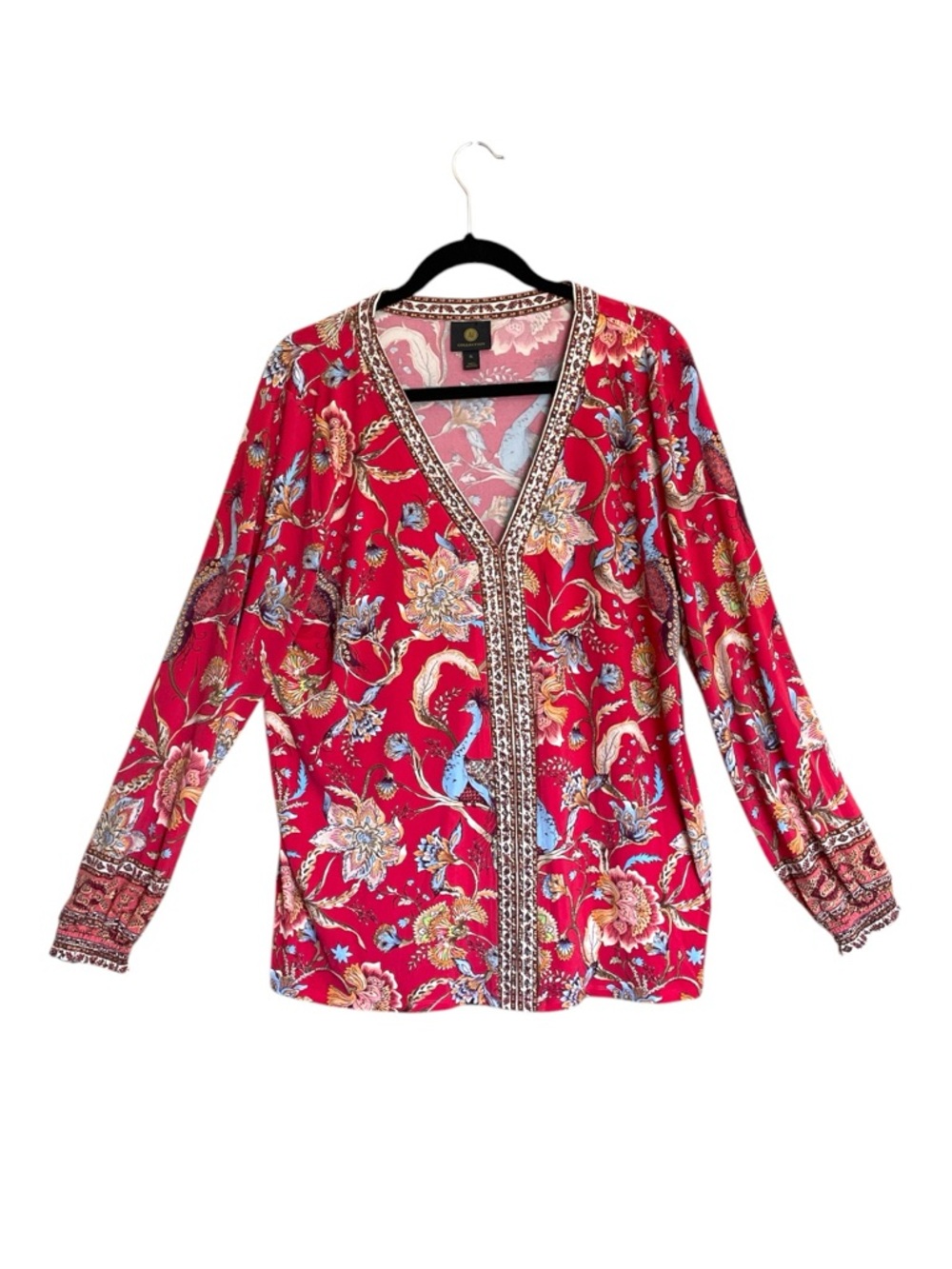 JM Collection Red Floral V-Neck Tunic Top Peacocks and Florals XL